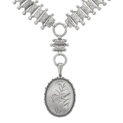 Lot 424 - A Victorian silver collar with oval locket pendant.