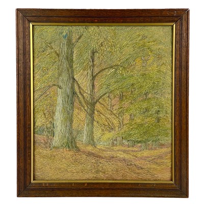 Lot 342 - A line stitch embroidery of a woodland scene.