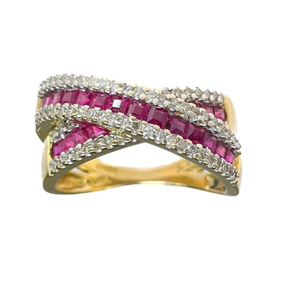 Lot 412 - A 14ct diamond and ruby set cross-over band dress ring.