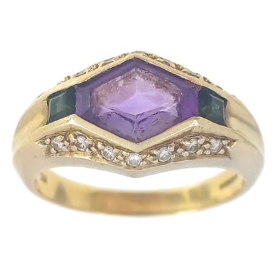 Lot 434 - A modern 9ct amethyst and diamond set dress ring.