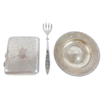 Lot 129 - A silver cigarette case, a small pin dish and an 830 silver olive spoon.