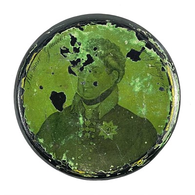 Lot 91 - A George IV lacquered papier mache circular portrait snuff box.