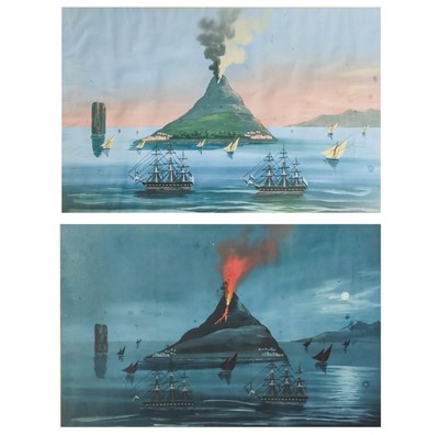 Lot 135 - A pair of 19th Italian gouache of an erupting Stromboli.