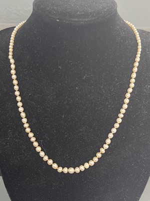 Lot 444 - A Georgian graduated natural saltwater pearl necklace with rose gold seed pearl and hair panel clasp.