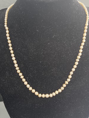 Lot 444 - A Georgian graduated natural saltwater pearl necklace with rose gold seed pearl and hair panel clasp.