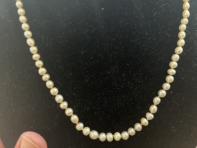 Lot 444 - A Georgian graduated natural saltwater pearl necklace with rose gold seed pearl and hair panel clasp.