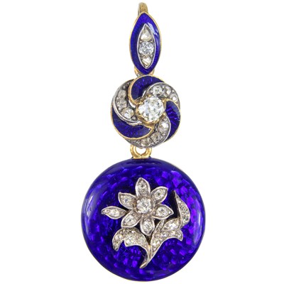 Lot 447 - A Victorian gold blue guilloche enamel diamond set two-section pendant locket.