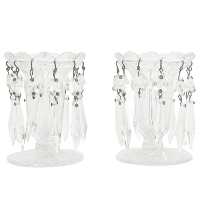 Lot 588 - A pair of small cut glass lustre vases.