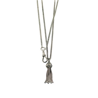 Lot 102 - A Victorian longuard Albertina chain with dog clip and tassel, together with a silver fob watch.