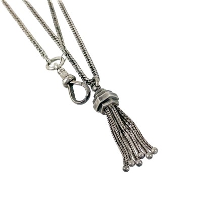 Lot 102 - A Victorian longuard Albertina chain with dog clip and tassel, together with a silver fob watch.