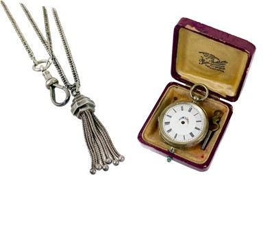 Lot 102 - A Victorian longuard Albertina chain with dog clip and tassel, together with a silver fob watch.