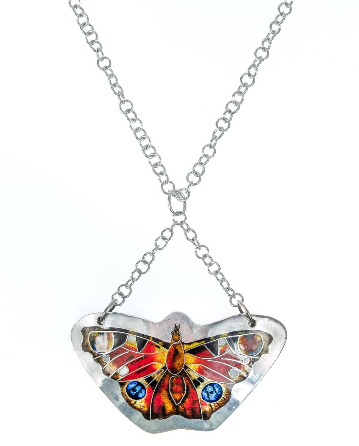 Lot 443 - A .999 fine silver and enamel 'peacock butterfly' pendant necklace by Samantha Suddaby.