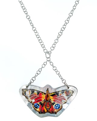 Lot 443 - A .999 fine silver and enamel 'peacock butterfly' pendant necklace by Samantha Suddaby.