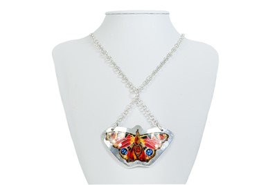 Lot 443 - A .999 fine silver and enamel 'peacock butterfly' pendant necklace by Samantha Suddaby.