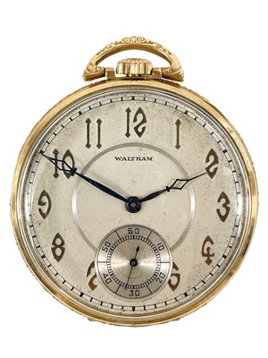 Lot 35 - A Waltham 14ct gold cased Art Deco slim dress crown wind pocket watch.