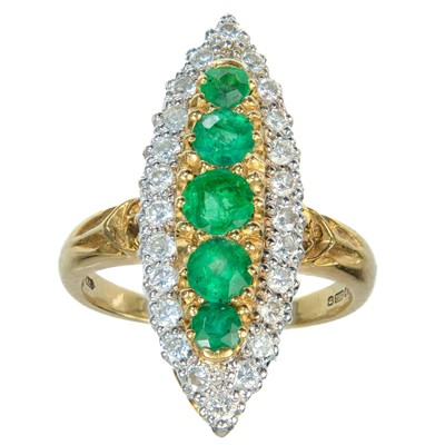 Lot 459 - A Victorian style 18ct emerald and diamond navette ring.