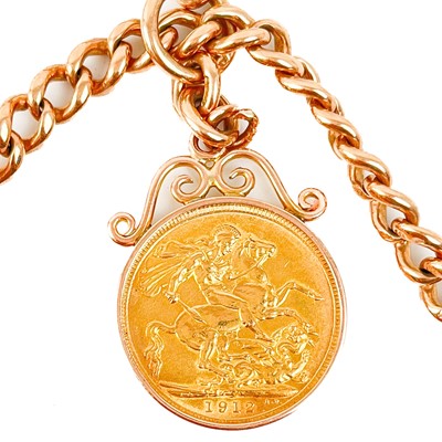Lot 100 - A good 9ct hallmarked rose gold double Albert watch chain with 1912 full sovereign coin fob.