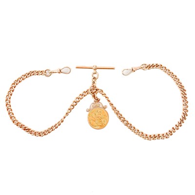 Lot 100 - A good 9ct hallmarked rose gold double Albert watch chain with 1912 full sovereign coin fob.