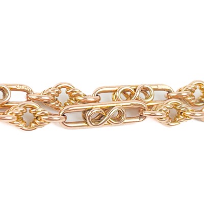 Lot 95 - A 15ct rose gold fancy link Albert watch chain.