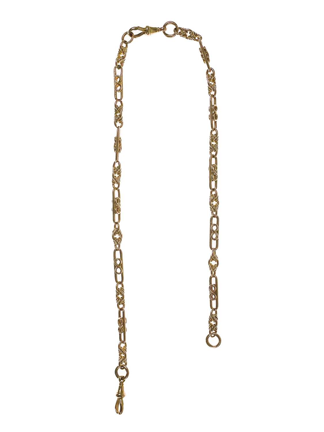 Lot 95 - A 15ct rose gold fancy link Albert watch chain.