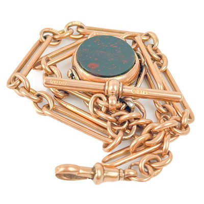 Lot 101 - A 9ct rose gold double Albert watch chain with 9ct swivel fob.