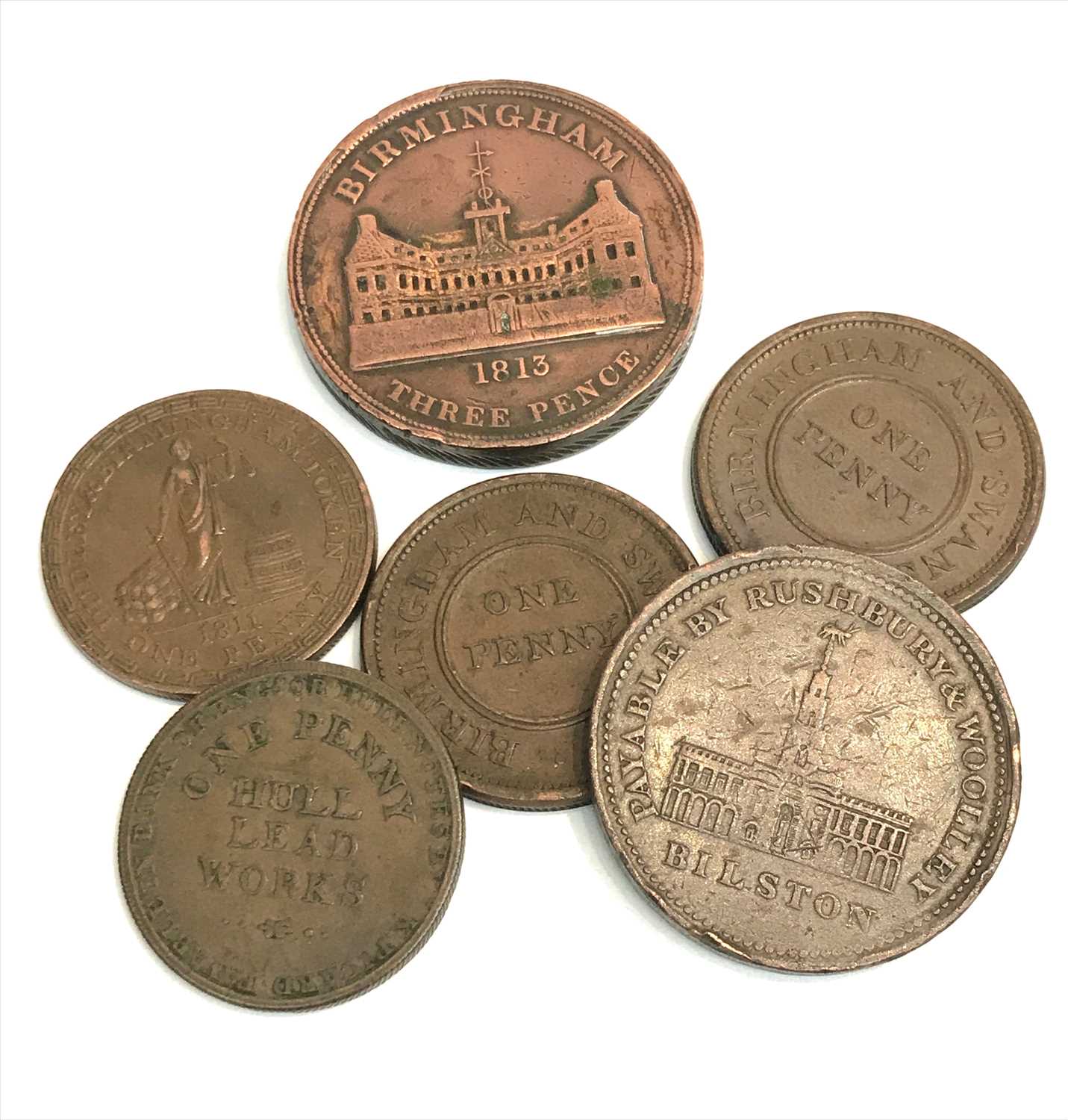 Lot 561 - Six 19th century copper tokens including...