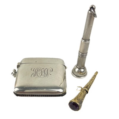 Lot 75 - A gold watch key with amethyst set terminal, a silver vesta case fob and silver cigar pricker fob.