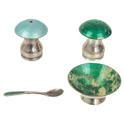 Lot 84 - An Ela, Denmark, silver and guilloche enamel three piece cruet set.