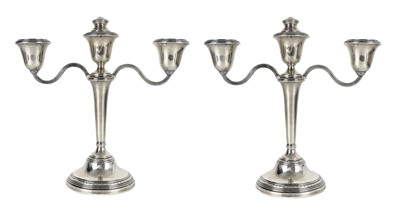 Lot 134 - A pair of modern silver three-branch candelabra by Adie Brothers Ltd.