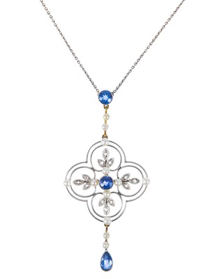 Lot 452 - An Art Nouveau yellow and white gold diamond, sapphire and seed pearl set pendant necklace.