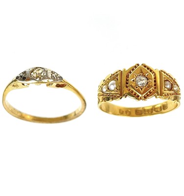 Lot 469 - A Victorian 18ct diamond and seed pearl set ring and a diamond solitaire ring.