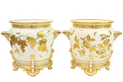 Lot 338 - A pair of fine Minton porcelain twin handled jardinieres circa 1870s