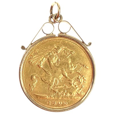 Lot 458 - A Victoria 1900 half sovereign coin 9ct mounted pendant.