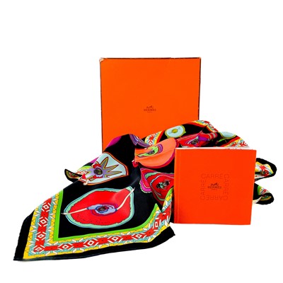 Lot 631 - A Hermes silk 'Belles du Mexique' pattern scarf.