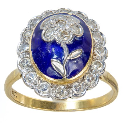 Lot 457 - A Victorian gold diamond and blue enamel forget-me-not ring.