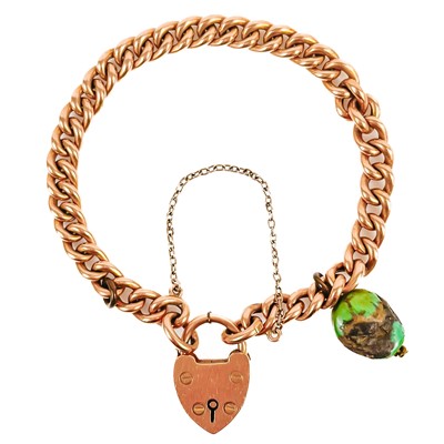 Lot 168 - A 15ct rose gold curb-link bracelet with padlock clasp and turquoise pendant.