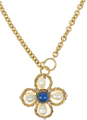 Lot 615 - A Chanel blue Gripoix, Barbie collection faux pearl crystal set gold-tone large brooch/pendant necklace.