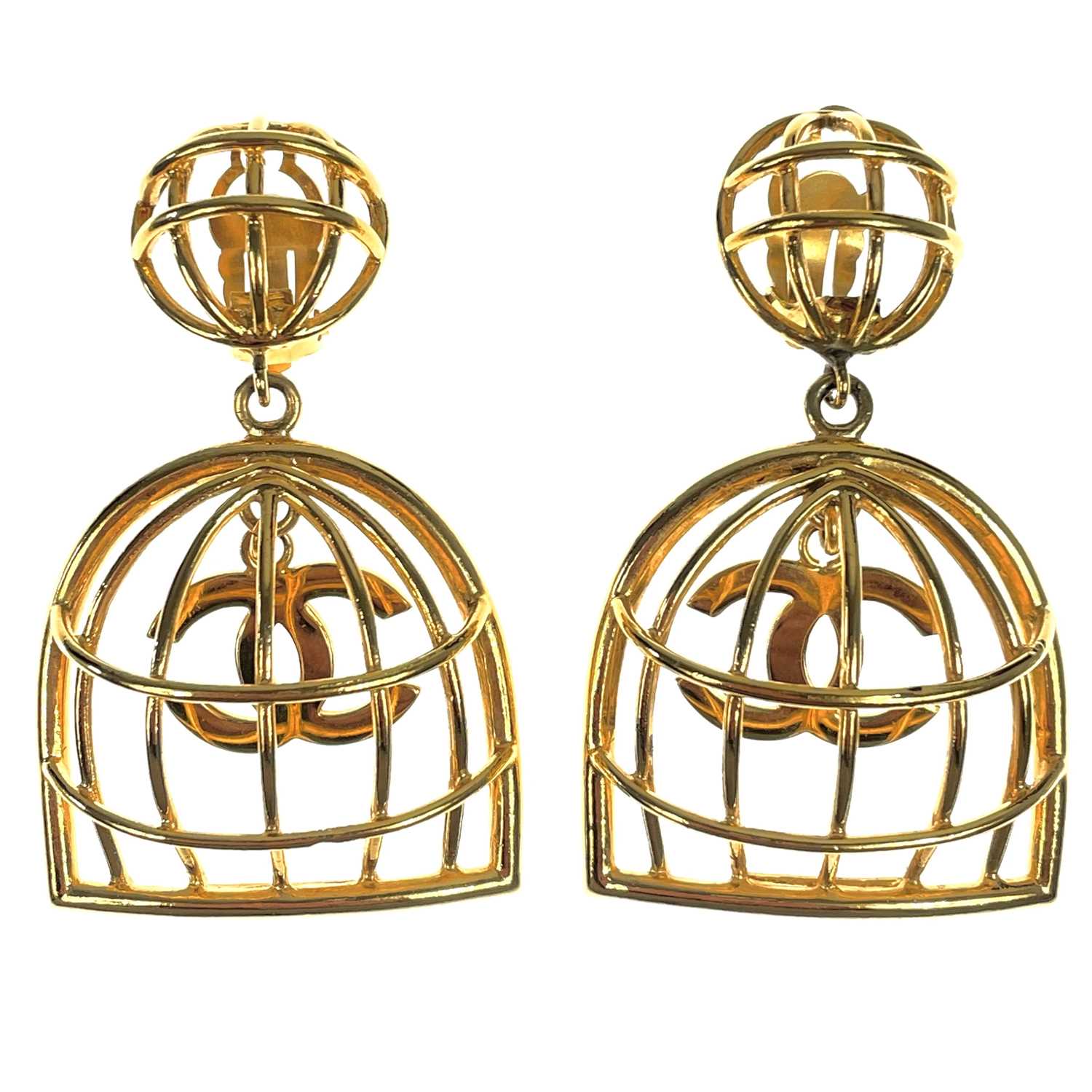 Chanel Cc Logos Birdcage Dangle Earrings Clip On Gold Plate 93p