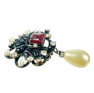 Lot 582 - A Chanel pair of 1970's blackened metal Gripoix, faux pearl and crystal earrings.