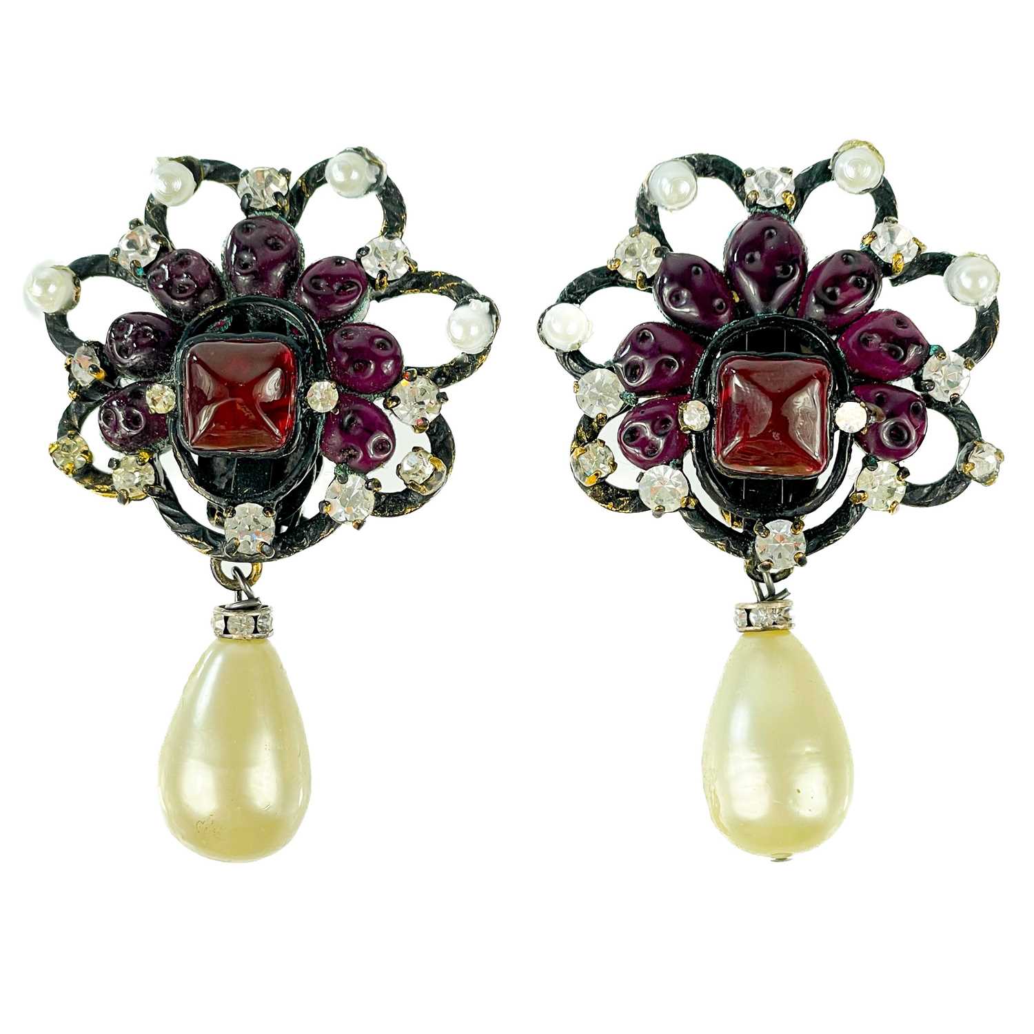 Lot 582 - A Chanel pair of 1970's blackened metal Gripoix, faux pearl and crystal earrings.