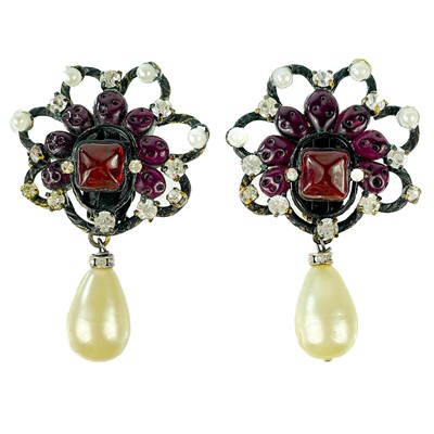 Lot 29 - A Chanel pair of 1970's blackened metal Gripoix, faux pearl and crystal earrings.