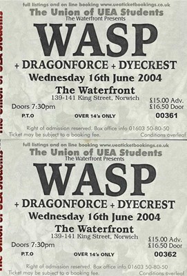 Lot 38 - W.A.S.P 12" album and ticket stubs.