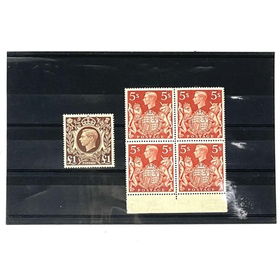Lot 379 - GB 1939 GVI 5/- red U/M marginal block of 4 + 1948 £1 brown U/M