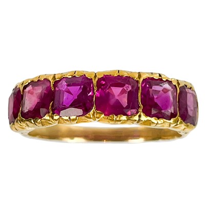 Lot 139 - A fine Victorian natural no heat Burmese ruby set six-stone half hoop ring, in high carat gold.