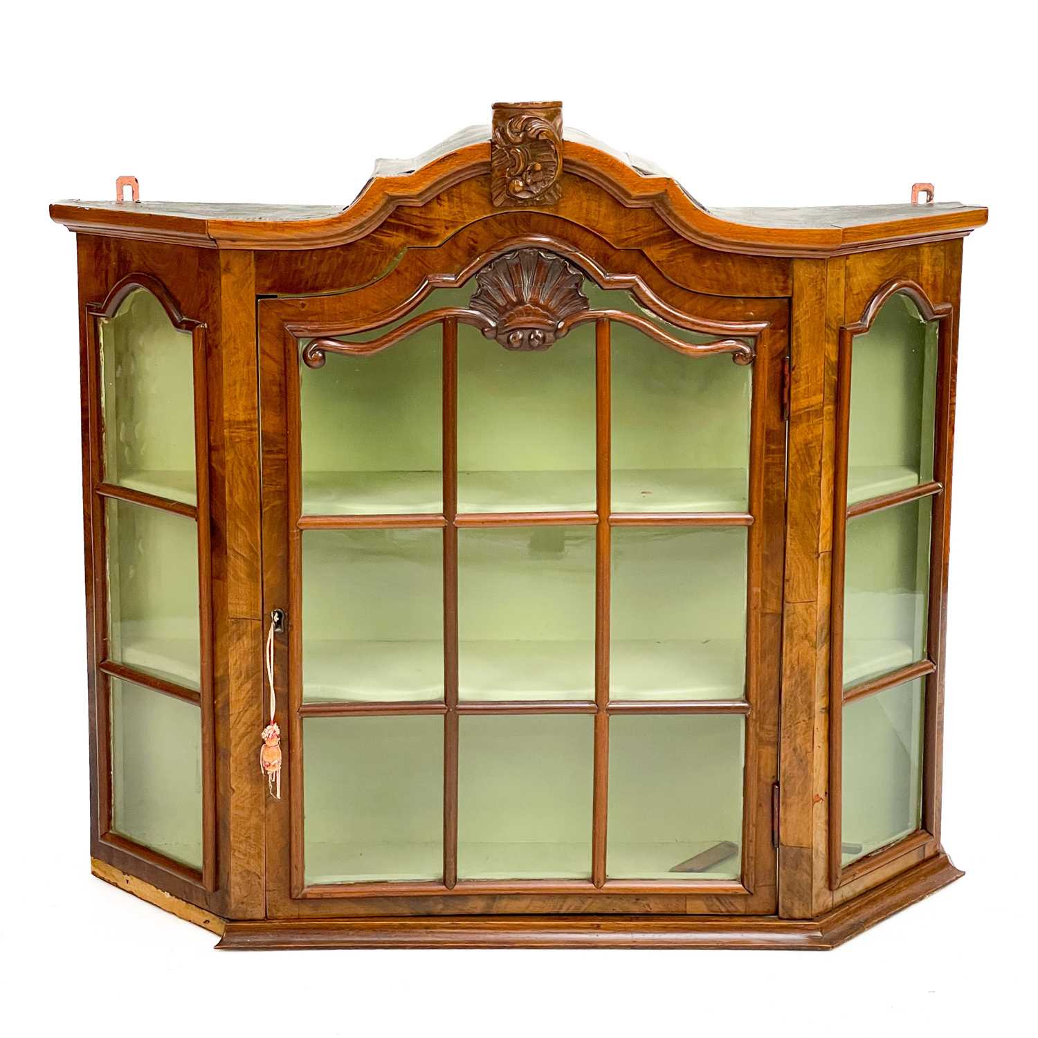 Lot 129 - A late 19th century Dutch walnut wall hanging display cabinet.