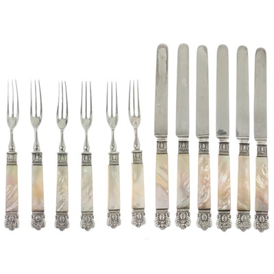 Lot 170 - A good Victorian silver and mother-of-pearl handled fruit knife and fork set for six.