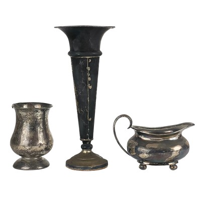 Lot 188 - A silver trumpet vase, cream jug and mug.