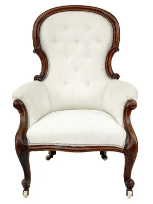 Lot 401 - A Victorian mahogany framed button backed upholstered slipper armchair.