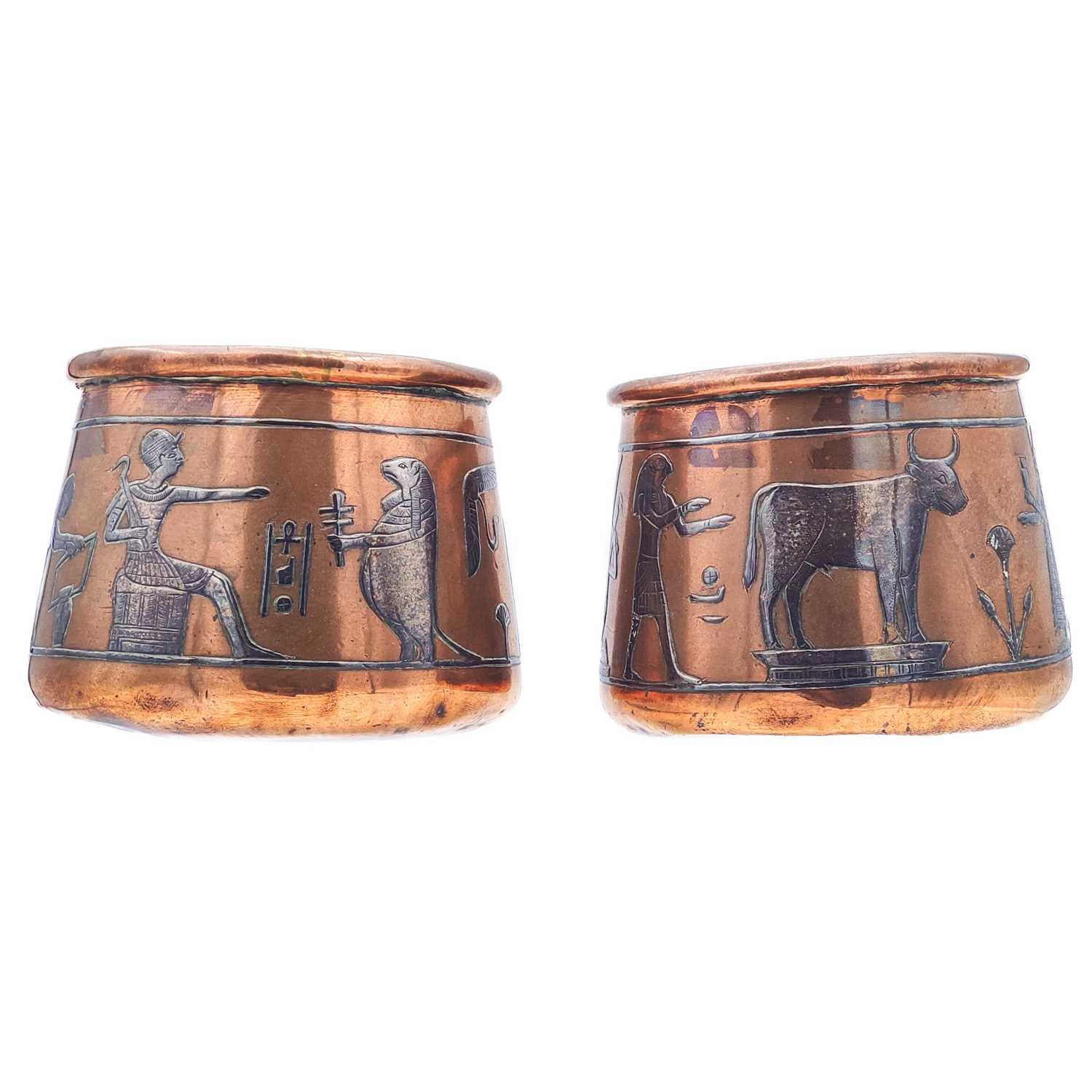 Lot 22 - A pair of Cairoware copper and inlaid silver bowls, circa 1900.
