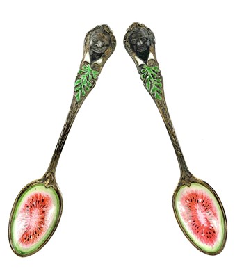 Lot 205 - A rare pair of American silver and enamel teaspoons by Charles W. Crankshaw.